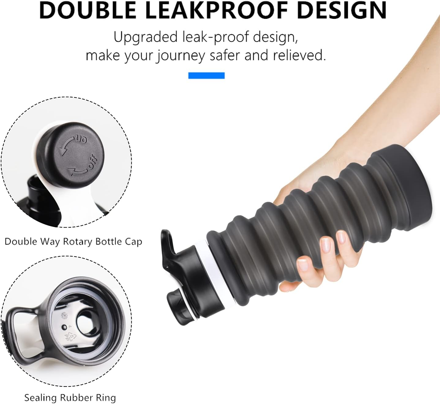 Color Black Nefeeko Collapsible Water Bottle, 26oz Silicone Foldable Water Bottles Leakproof BPA Free Travel Water Bottles with Carabiner, Portable Sport Water Bottles for Camping,Hiking Outdoor Indoor Sport